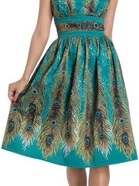 Gorgeous Teal Peacock-Feather Fit & Flare Midi Dress